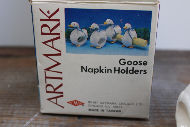 photo of 80s vintage ceramic geese napkin holders goose w/ bow napkin rings Artmark box #4