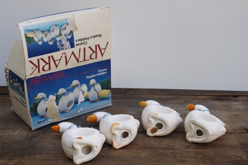 photo of 80s vintage ceramic geese napkin holders goose w/ bow napkin rings Artmark box #5