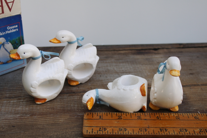 photo of 80s vintage ceramic geese napkin holders goose w/ bow napkin rings Artmark box #6
