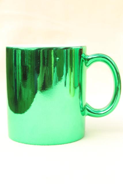 photo of 80s vintage ceramic mugs, Christmas red, green, gold, silver metallic foil #3