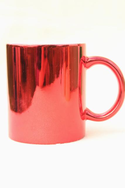 photo of 80s vintage ceramic mugs, Christmas red, green, gold, silver metallic foil #4