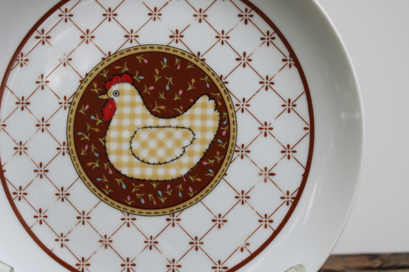 photo of 80s vintage ceramic plates & mugs, brown gingham chickens quilt print Calico Japan  #2