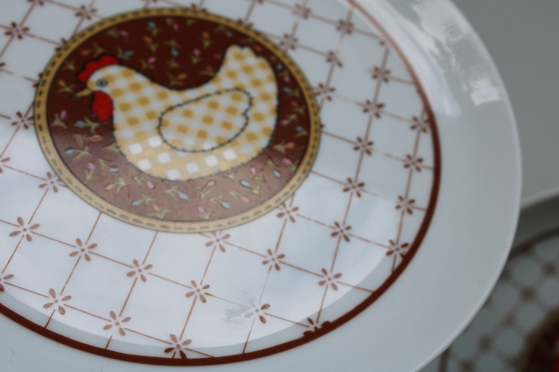 photo of 80s vintage ceramic plates & mugs, brown gingham chickens quilt print Calico Japan  #3