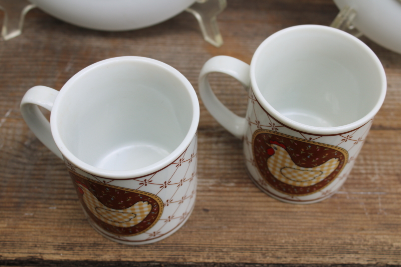 photo of 80s vintage ceramic plates & mugs, brown gingham chickens quilt print Calico Japan  #6