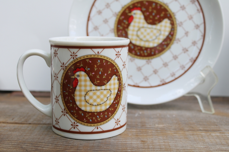 photo of 80s vintage ceramic plates & mugs, brown gingham chickens quilt print Calico Japan  #7