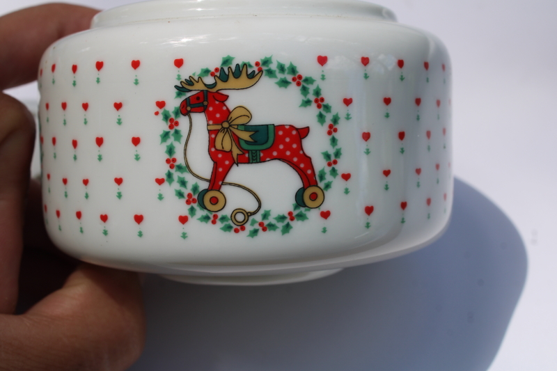 photo of 80s vintage ceramic potpourri pot, jar w/ lid Christmas reindeer pull toy print #5