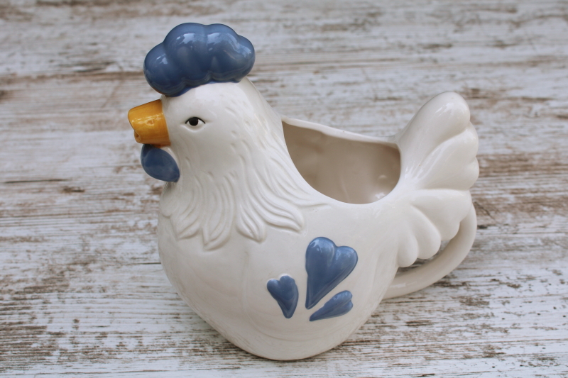 photo of 80s vintage ceramic rooster pitcher, dusty blue & white country kitchen decor grannycore farmhouse cottage  #1