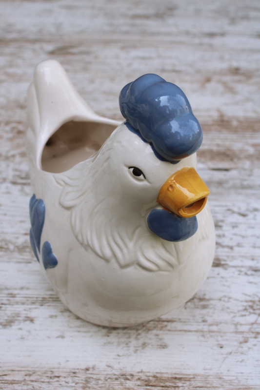 photo of 80s vintage ceramic rooster pitcher, dusty blue & white country kitchen decor grannycore farmhouse cottage  #2