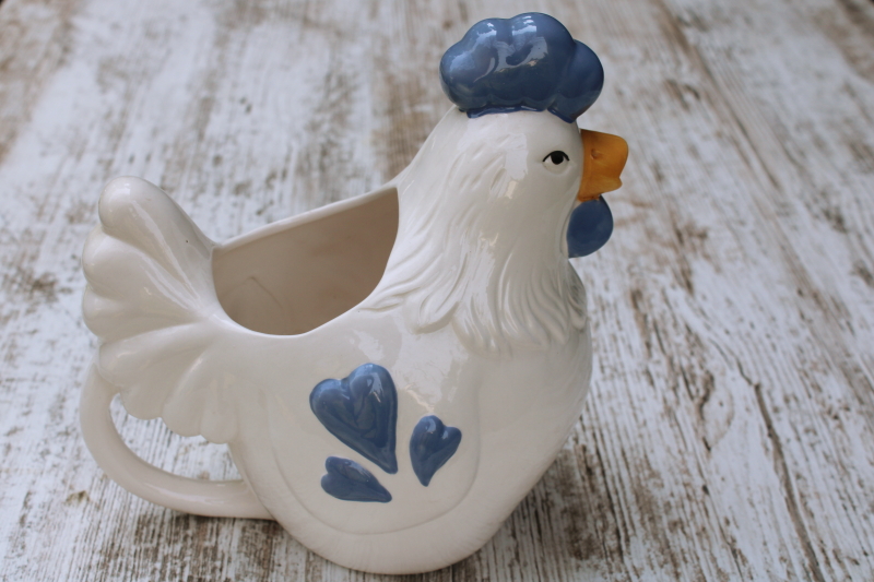 photo of 80s vintage ceramic rooster pitcher, dusty blue & white country kitchen decor grannycore farmhouse cottage  #3