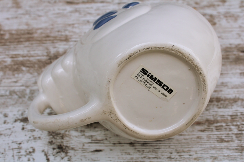 photo of 80s vintage ceramic rooster pitcher, dusty blue & white country kitchen decor grannycore farmhouse cottage  #6