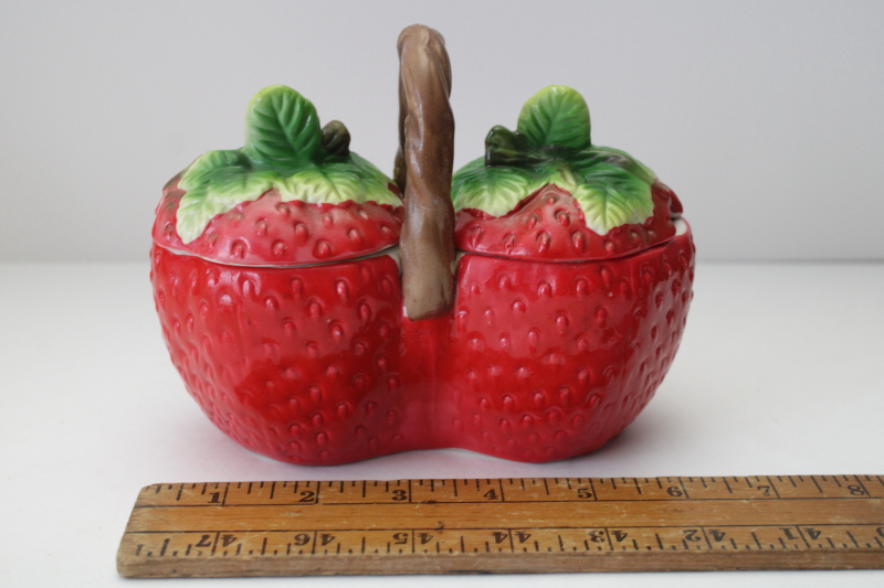 photo of 80s vintage ceramic strawberries jam server, double jar two pots for different spreads  #1