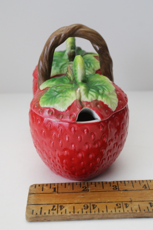 photo of 80s vintage ceramic strawberries jam server, double jar two pots for different spreads  #2