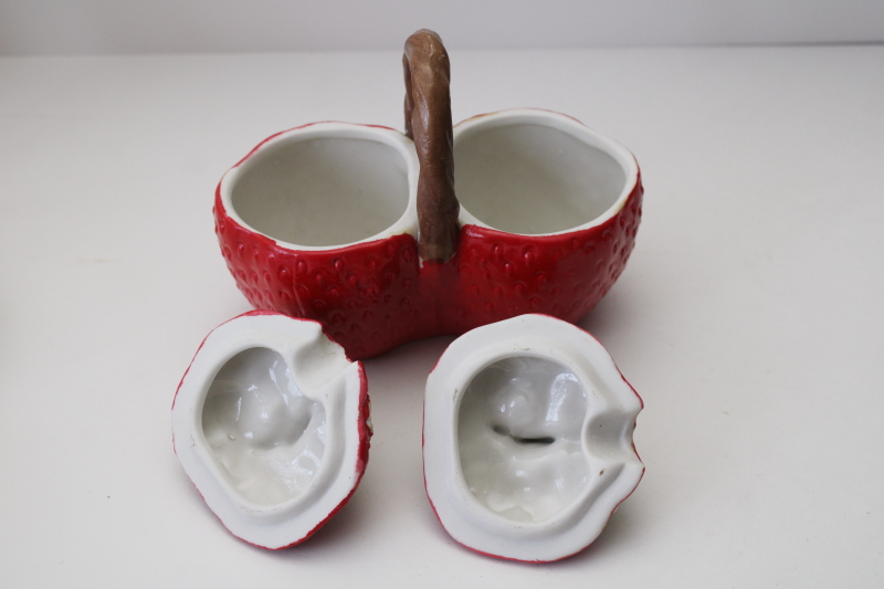 photo of 80s vintage ceramic strawberries jam server, double jar two pots for different spreads  #3