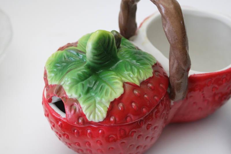 photo of 80s vintage ceramic strawberries jam server, double jar two pots for different spreads  #5