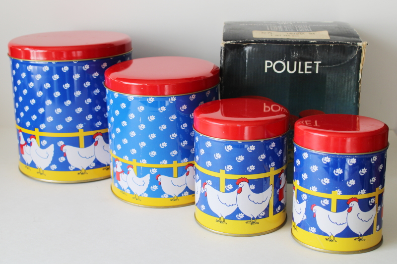 photo of 80s vintage chickens print kitchen canister set, metal tins nesting canisters in original box  #1