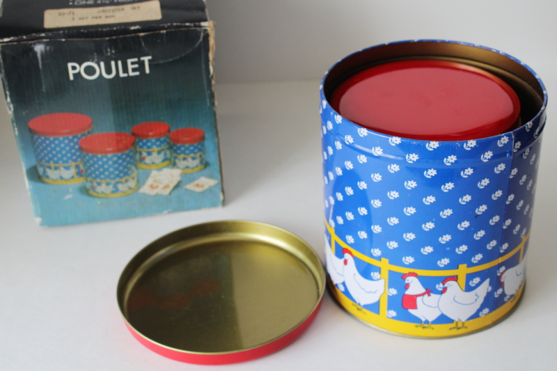 photo of 80s vintage chickens print kitchen canister set, metal tins nesting canisters in original box #4