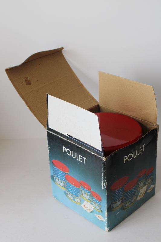 photo of 80s vintage chickens print kitchen canister set, metal tins nesting canisters in original box #5