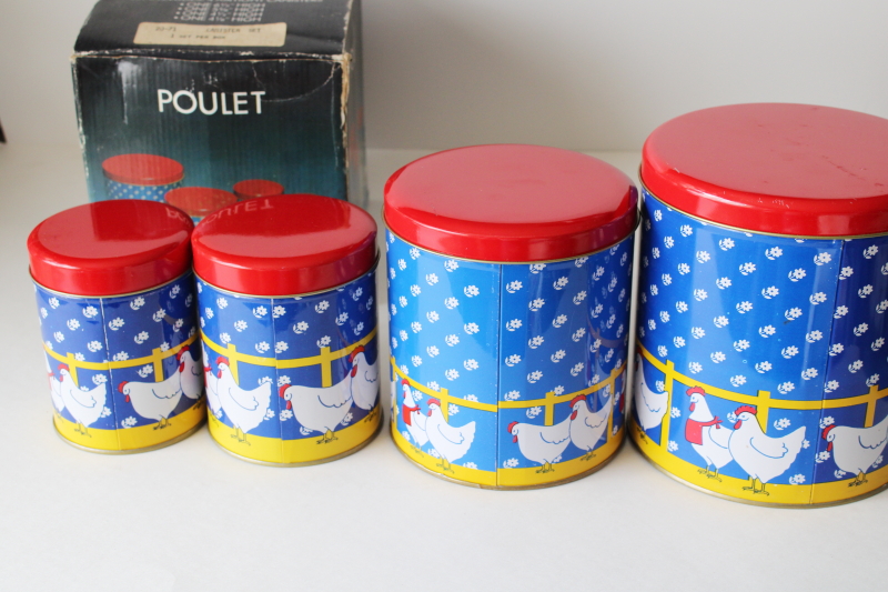 photo of 80s vintage chickens print kitchen canister set, metal tins nesting canisters in original box #6
