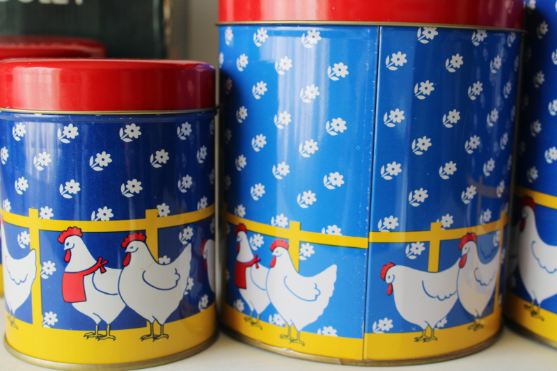 photo of 80s vintage chickens print kitchen canister set, metal tins nesting canisters in original box #7