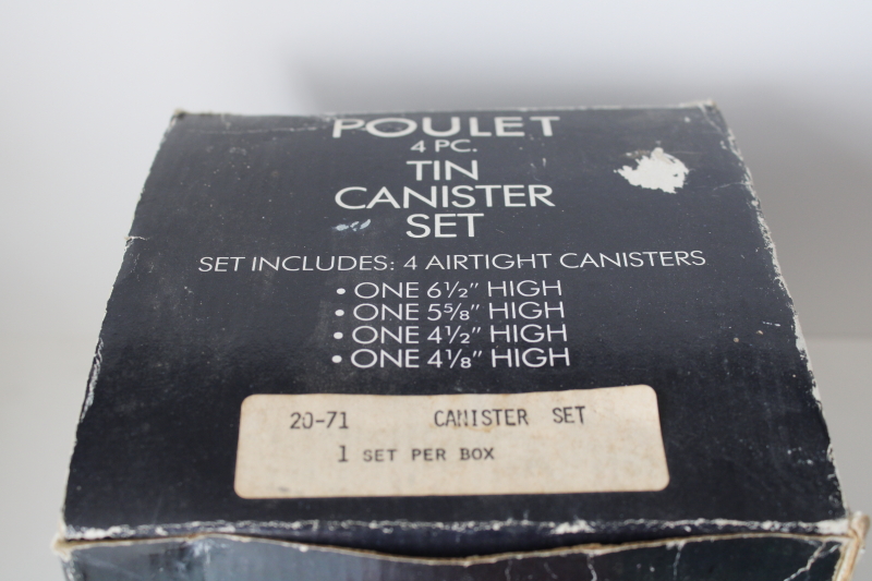 photo of 80s vintage chickens print kitchen canister set, metal tins nesting canisters in original box #8
