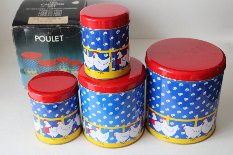 photo of 80s vintage chickens print kitchen canister set, metal tins nesting canisters in original box #9