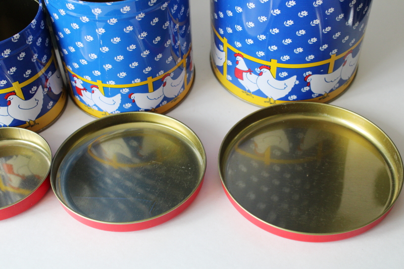 photo of 80s vintage chickens print kitchen canister set, metal tins nesting canisters in original box #12
