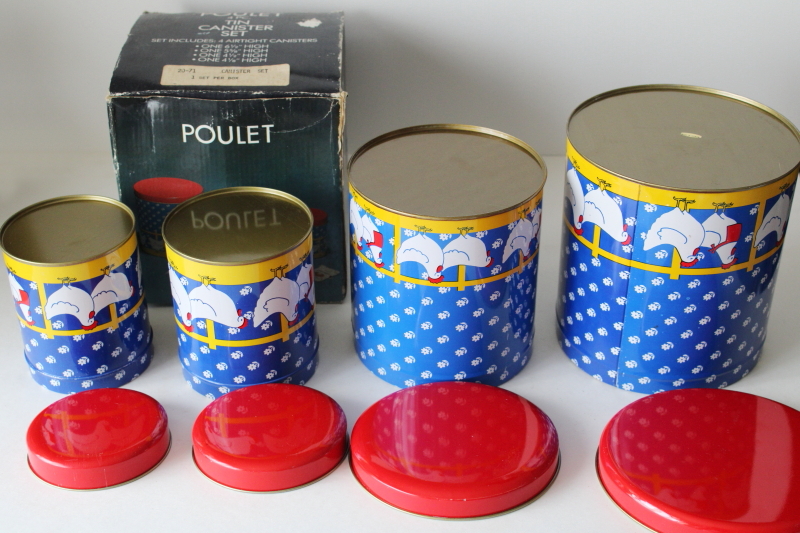 photo of 80s vintage chickens print kitchen canister set, metal tins nesting canisters in original box #13