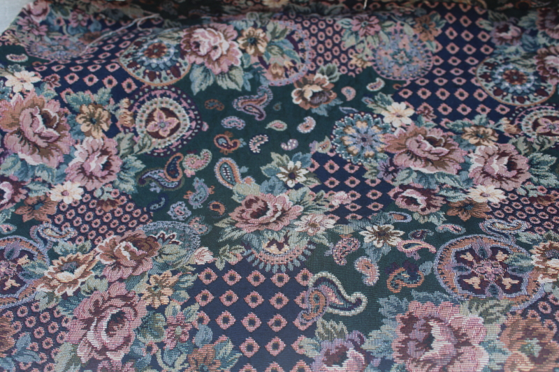 photo of 80s vintage cottage floral tapestry fabric, decorator upholstery material cotton blend #1