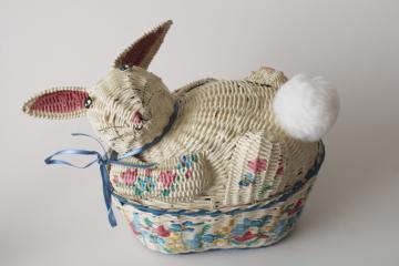 catalog photo of 80s vintage cottagecore wicker bunny basket, hand painted flowers white rabbit covered basket 