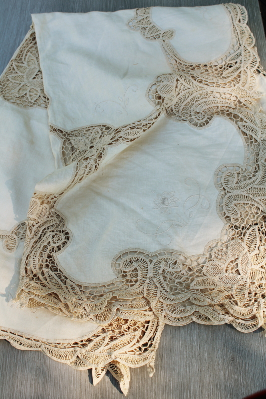 photo of 80s vintage cotton banquet tablecloth w/ old linen color battenburg lace, madeira type embroidery #1