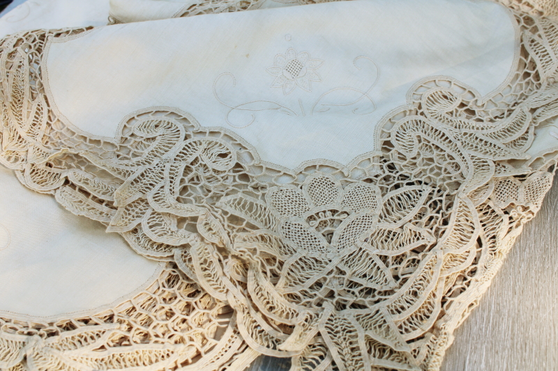 photo of 80s vintage cotton banquet tablecloth w/ old linen color battenburg lace, madeira type embroidery #2