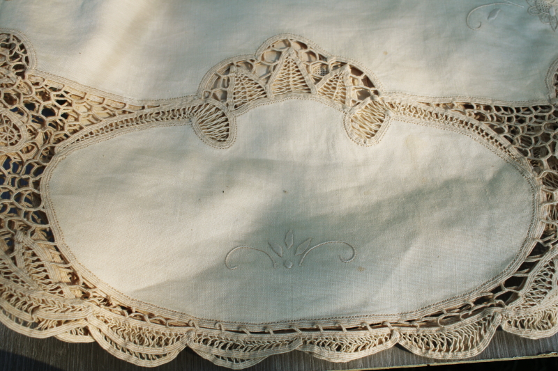 photo of 80s vintage cotton banquet tablecloth w/ old linen color battenburg lace, madeira type embroidery #3