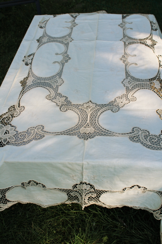 photo of 80s vintage cotton banquet tablecloth w/ old linen color battenburg lace, madeira type embroidery #4