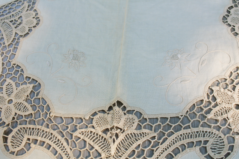 photo of 80s vintage cotton banquet tablecloth w/ old linen color battenburg lace, madeira type embroidery #6