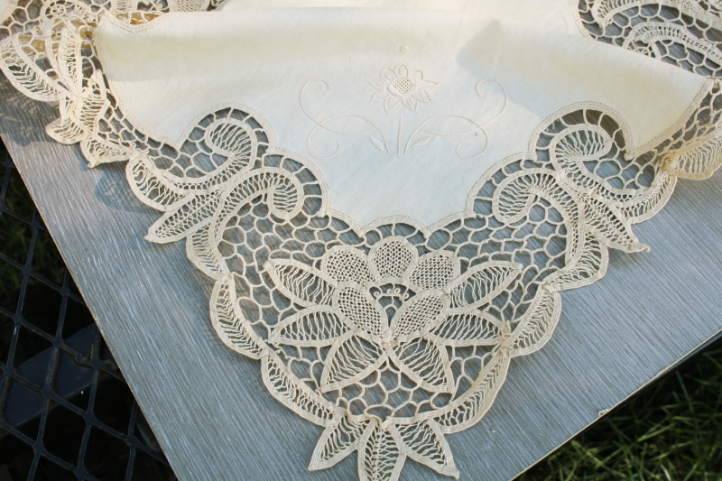 photo of 80s vintage cotton banquet tablecloth w/ old linen color battenburg lace, madeira type embroidery #7