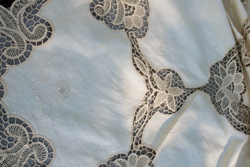 photo of 80s vintage cotton banquet tablecloth w/ old linen color battenburg lace, madeira type embroidery #8