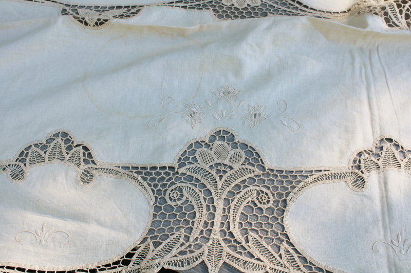 photo of 80s vintage cotton banquet tablecloth w/ old linen color battenburg lace, madeira type embroidery #9