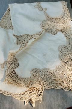80s vintage cotton banquet tablecloth w/ old linen color battenburg lace, madeira type embroidery