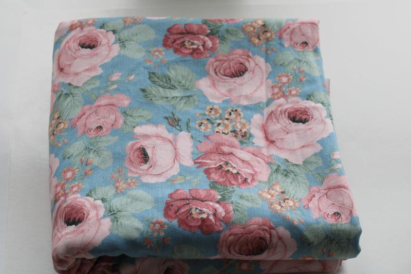 photo of 80s vintage cotton denim fabric, pink cabbage roses floral print girly retro! #1