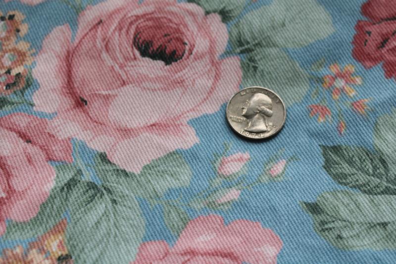 photo of 80s vintage cotton denim fabric, pink cabbage roses floral print girly retro! #2