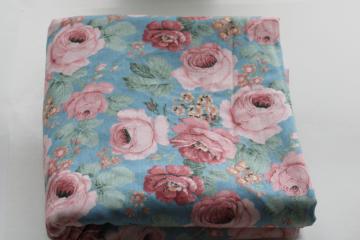 catalog photo of 80s vintage cotton denim fabric, pink cabbage roses floral print girly retro!