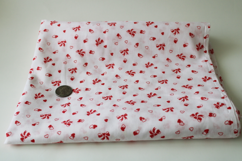 photo of 80s vintage cotton fabric, red hearts & bows print on white Valentines day #1