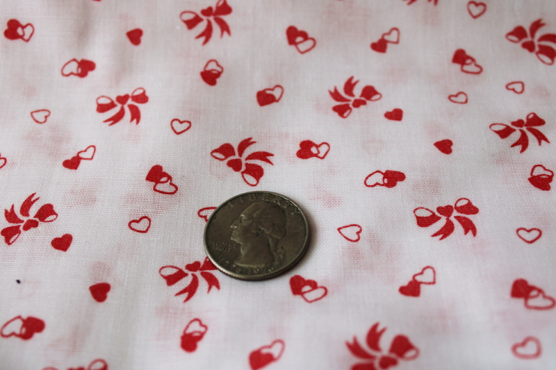 photo of 80s vintage cotton fabric, red hearts & bows print on white Valentines day #2