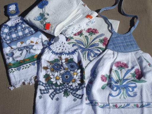 photo of 80s vintage country blue print kitchen linens,  never used towels lot #1