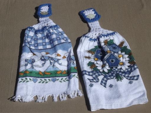 photo of 80s vintage country blue print kitchen linens,  never used towels lot #3