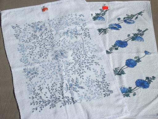 photo of 80s vintage country blue print kitchen linens,  never used towels lot #4