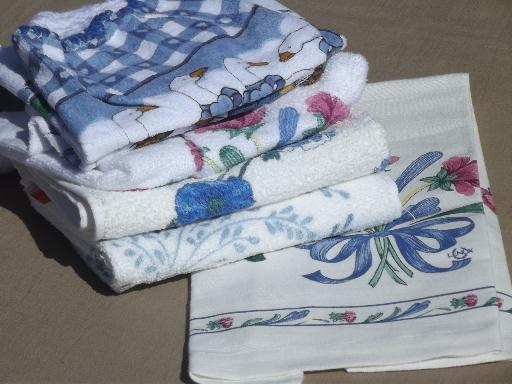 photo of 80s vintage country blue print kitchen linens,  never used towels lot #5