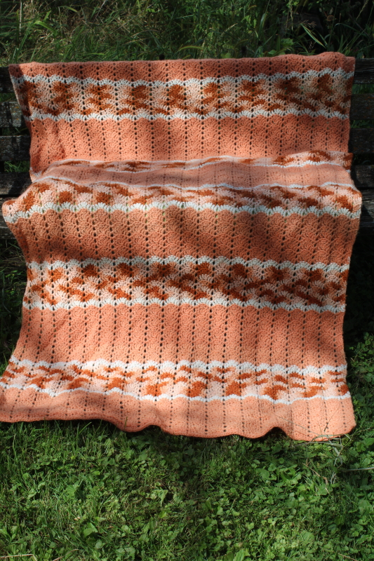 photo of 80s vintage crochet afghan, large throw blanket warm southwest colors peach, rust, ivory  #1