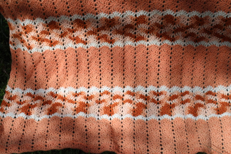 photo of 80s vintage crochet afghan, large throw blanket warm southwest colors peach, rust, ivory  #2