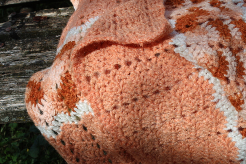 photo of 80s vintage crochet afghan, large throw blanket warm southwest colors peach, rust, ivory  #3